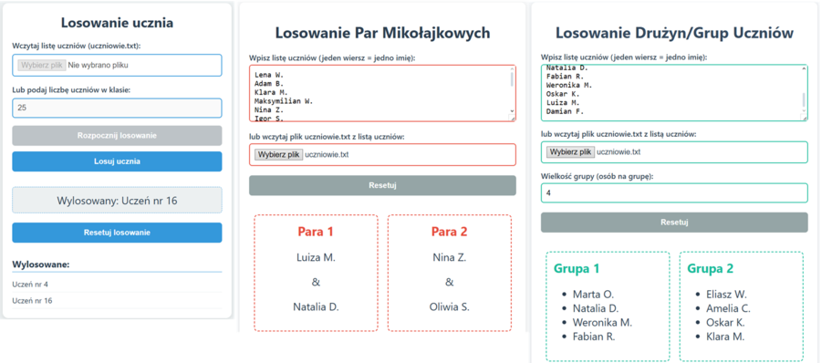 Narzędzia nauczyciela - Losowanie drużyn grup, Losowanie par mikołajkowych, Losowanie ucznia