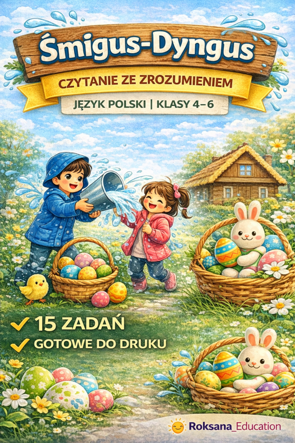📚💦 Śmigus-dyngus – czytanie ze zrozumieniem | język polski | klasy 4–6 (15 zadań)
