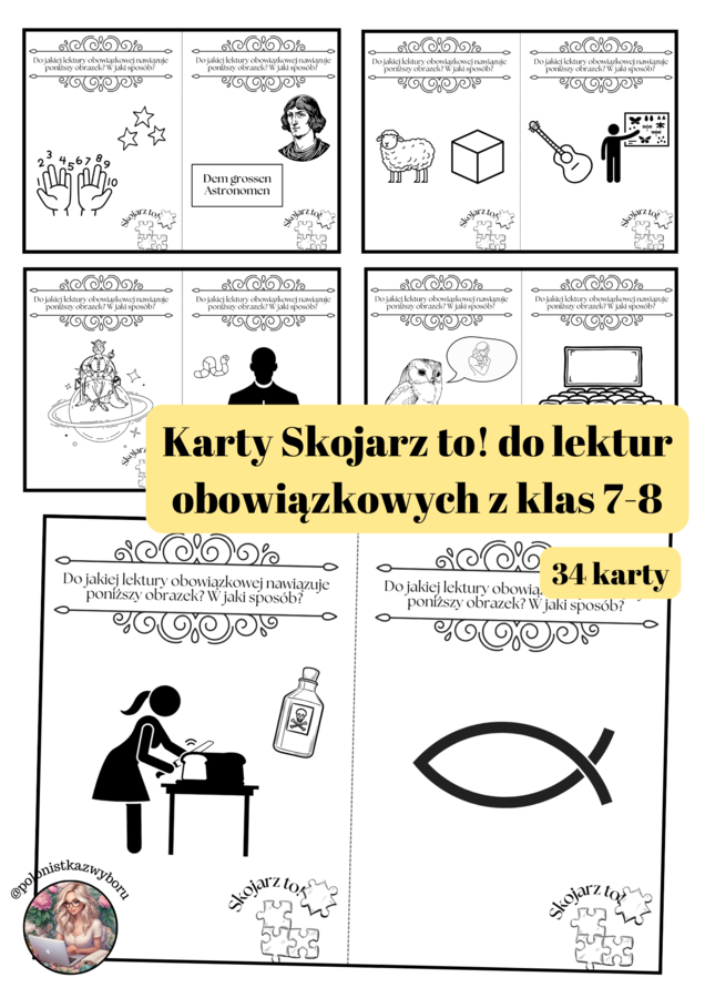 Karty "Skojarz to!", lektury obowiązkowe z klas 7-8, egzamin ósmoklasisty