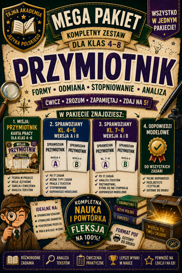 Przymiotnik – MEGA PAKIET kl. 4–8 | karta pracy + sprawdziany A i B + odpowiedzi