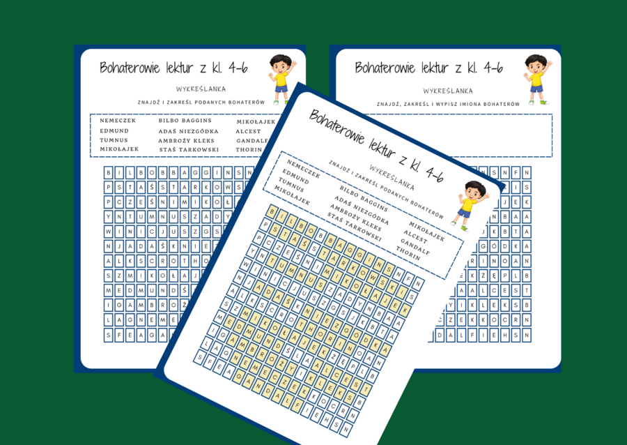 BOHATEROWIE LEKTUR z klas 4-6 - wykreślanka - powtórka