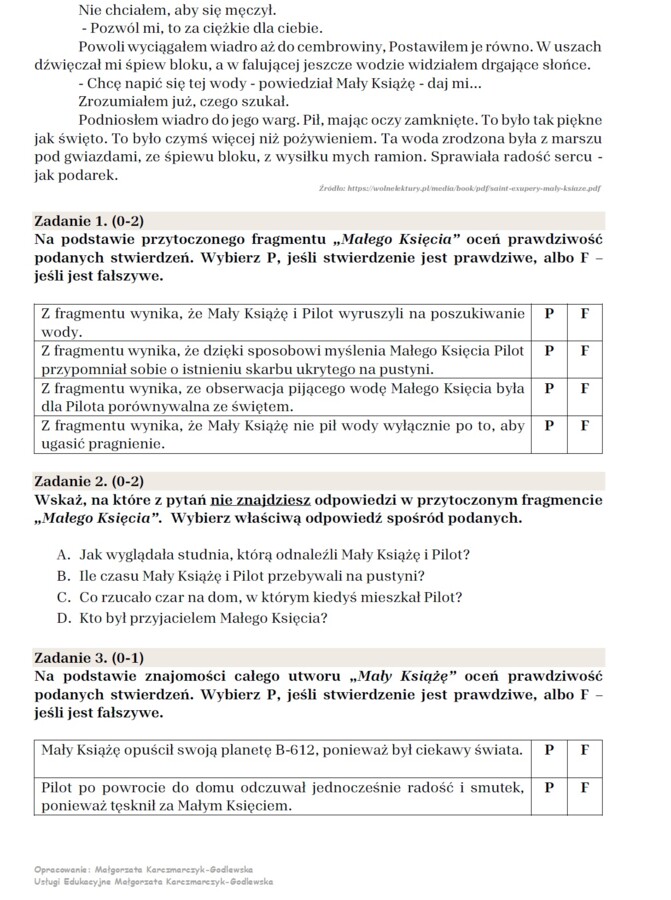 Arkusz egzaminacyjny "Mały Książę"