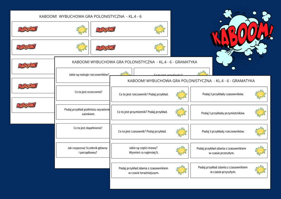 KABOOM! - Wybuchowa Gra Polonistyczna - kl. 4 - 6 - GRAMATYKA - nauka o języku - 110 pytań