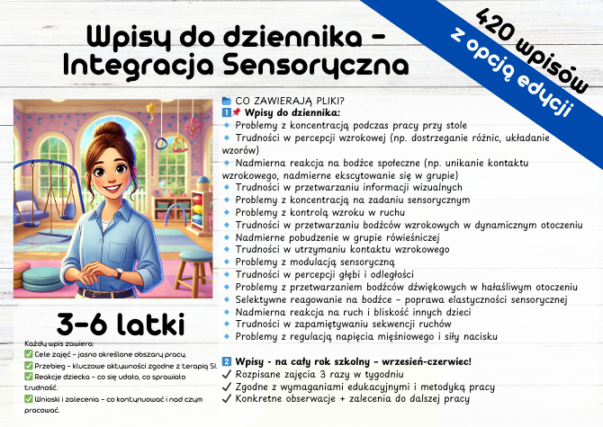 SI Integracja Sensoryczna Wpisy do dziennika z Integracji Sensorycznej - 3-6 latki gotowe ćwiczenia
