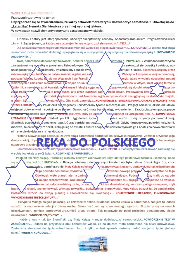 Człowiek może w życiu doświadczyć samotności. Rozprawka z wykorzystaniem lektur: LATARNIK, MAŁY KSIĄŻĘ. Elementy retoryczne