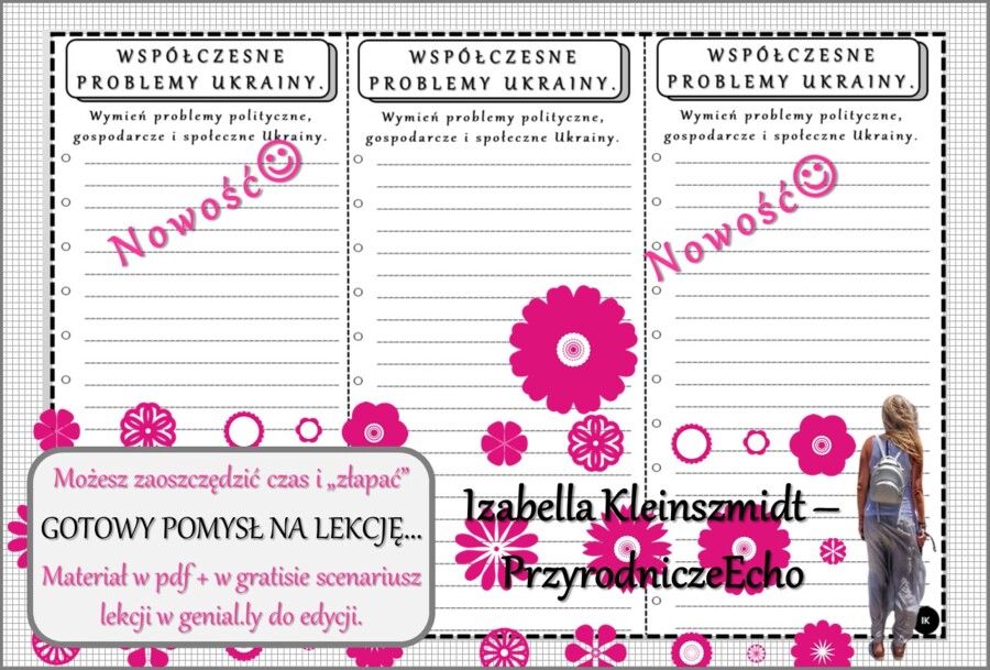 Pomysł na lekcję/karta pracy/stacje zadaniowe/notatki/ materiał do lekcji do tematu „Współczesne problemy Ukrainy” w pdf. W gratisie niekomercyjny scenariusz lekcji/pomysł na lekcję w programie genial.ly do edycji. Geografia 6. Dział „Sąsiedzi Polski”.