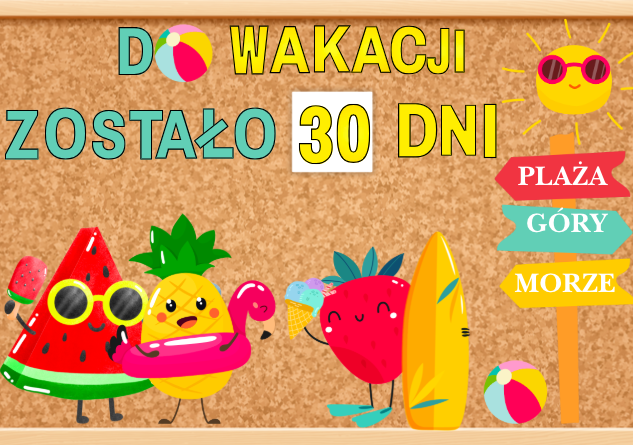 "Odliczamy do Wakacji – Dzień po Dniu!" Kolorowa gazetka, która każdego dnia przypomina dzieciom, ile jeszcze zostało do wakacji! 🎒☀️ Zestaw zawiera aż 68 stron do druku – cyfry do codziennej zmiany, wakacyjne dekoracje i urocze ilustracje owoców, słońca