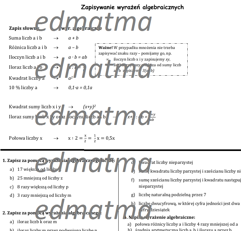 Zapisywanie wyrażeń algebraicznych - teoria + zadania