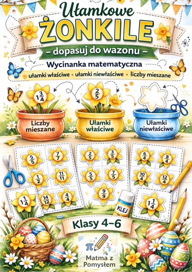 Ułamkowe żonkile 🌼 – wycinanka wiosenna- matematyczna | ułamki zwykłe I ułamki właściwe, niewłaściwe i liczby mieszane (kl. 4–6)