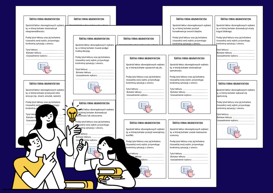❣️📚KRÓTKA  WYPOWIEDŹ ARGUMENTACYJNA  -  Fiszki egzaminacyjne z lektur obowiązkowych –  egzamin - powtórka - 56 poleceń