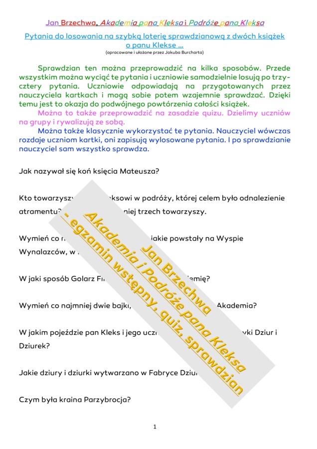 "AKADEMIA PANA KLEKSA" & "PODRÓŻE PANA KLEKSA" - QUIZ, LOTERIA, SPRAWDZIAN