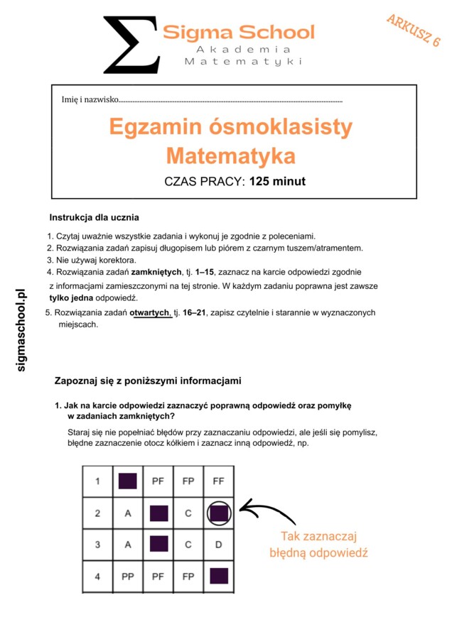 Próbny Arkusz Ósmoklasisty nr 6 – Matematyka 2026 – Zgodny z CKE (+ Odpowiedzi)