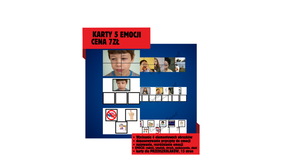 KARTY DLA PRZEDSZKOLAKÓW 3,4,5, 6 lat EMOCJE: radość, smutek, złość, zaskoczenie, strach PEDAGOG/PSYCHOLOG/REWALIDACJA