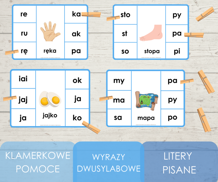 Klamerkowe pomoce - wyrazy dwusylabowe - litery pisane