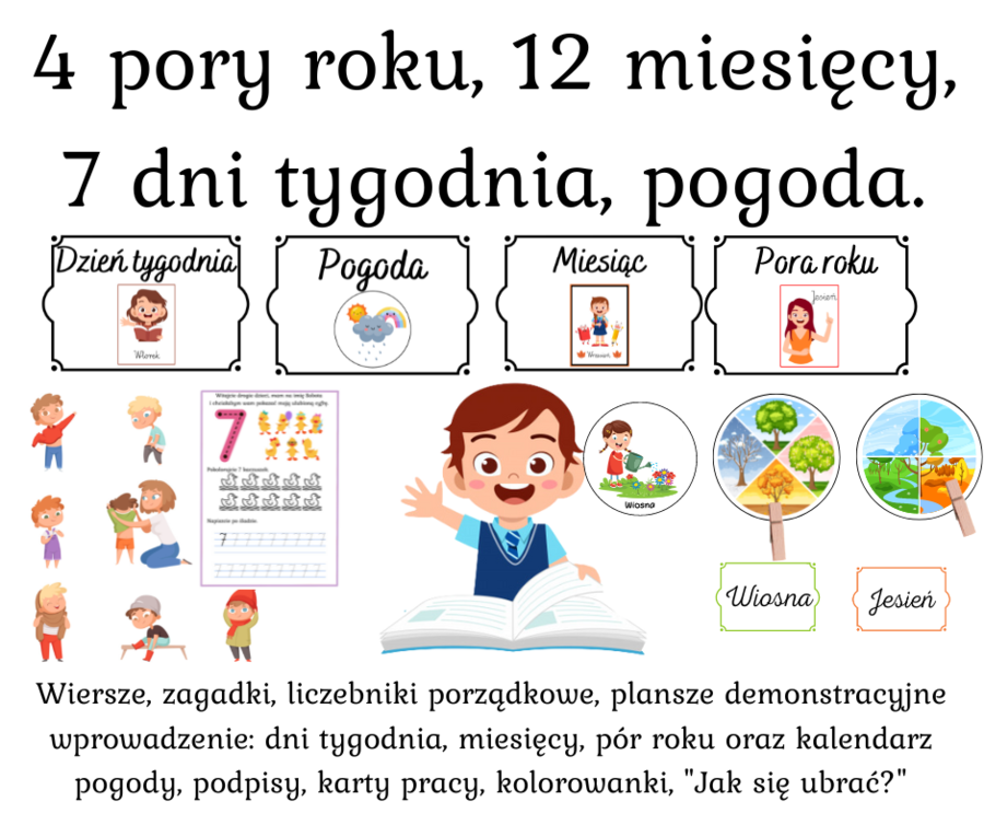 4 pory roku, 12 miesięcy, wprowadzenie 7 dni tygodnia i Pogoda
