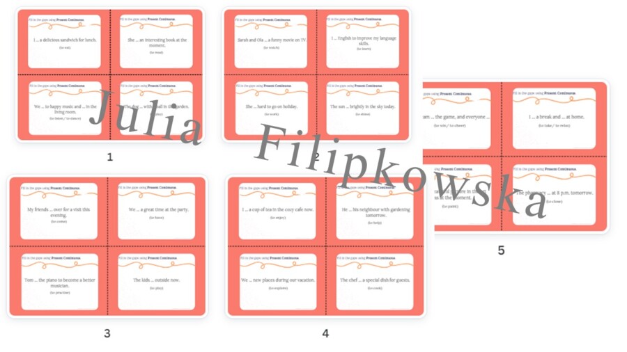 Present Continuous/ Karty do mówienia/ Mówienie/ Speaking/ Konwersacje/ Klasy 4-8/ Klasy 4-6/ Klasy 6-8/ SP/ Warm-up/ Rozgrzewka/ Speaking cards/ Gramatyka/ Grammar/ Speaking cards grammar/ Grammar cards/ E8