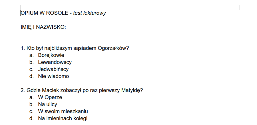 Opium w rosole, M. Musierowicz - test lekturowy