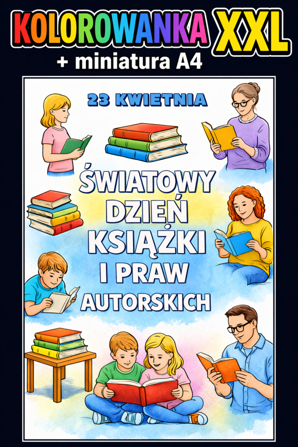 Światowy Dzień Książki i Praw Autorskich - plakat/kolorowanka XXL + miniatura A4 (pakiet); dekoracja, gazetka, karta pracy