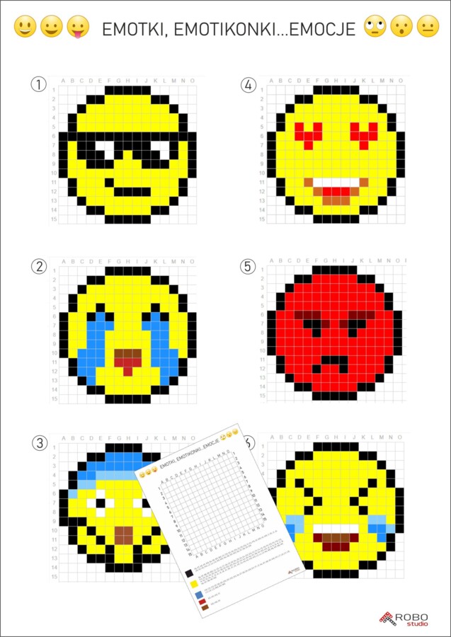 Kodowanki, emotki, emotikonki, odkoduj emocje. Kodowanie, pixel art- zestaw 6 kodowanek.