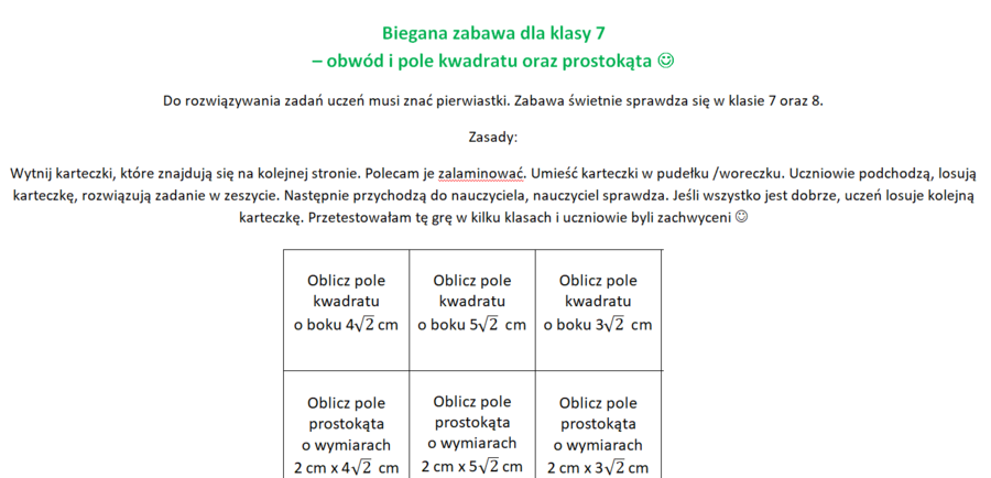 Biegana zabawa. Pole, obwód prostokąta oraz kwadratu. Zawiera pierwiastki. Klasa 7.