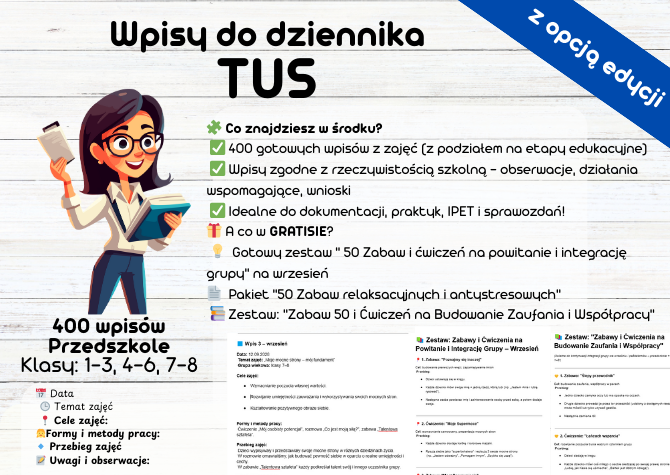 Wpisy do dziennika TUS Trening Umiejętności Społecznych Tematy zajęć Przedszkole, Klasy 1-3, 4-6, 7-8