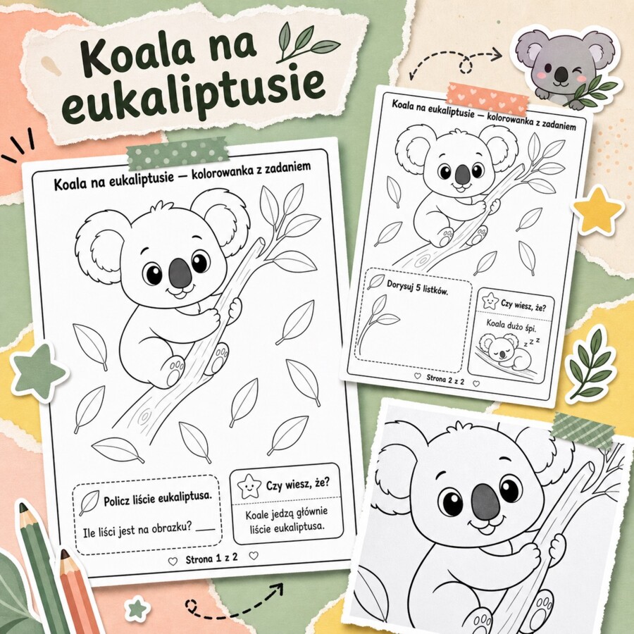 Koala na eukaliptusie - kolorowanka z zadaniem