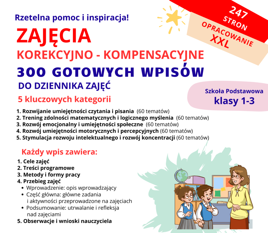 Zajęcia korekcyjno-kompensacyjne – 300 gotowych wpisów do dziennika zajęć, ćwiczenia, inspiracje
