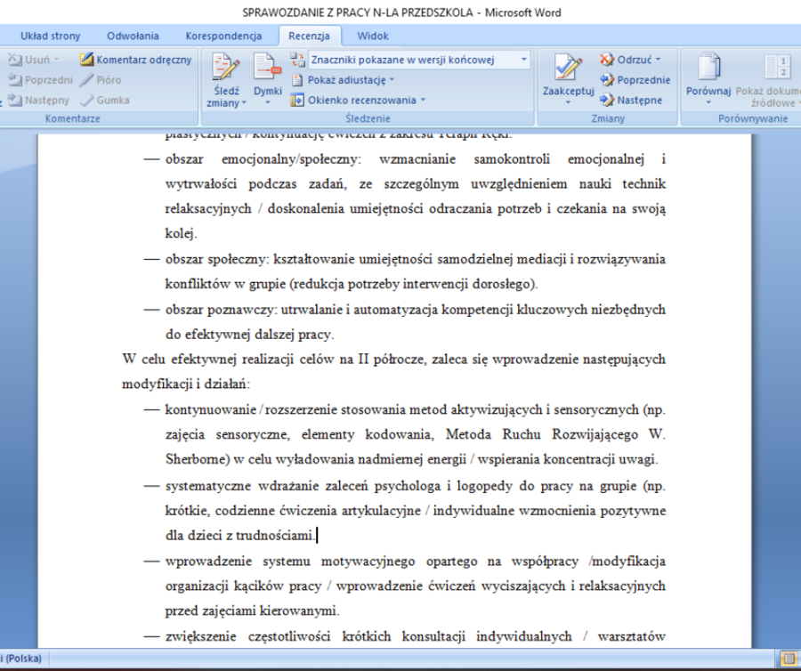 Sprawozdanie nauczyciela przedszkola z pracy dydaktyczno-wychowawczo-opiekuńczej za I półrocze