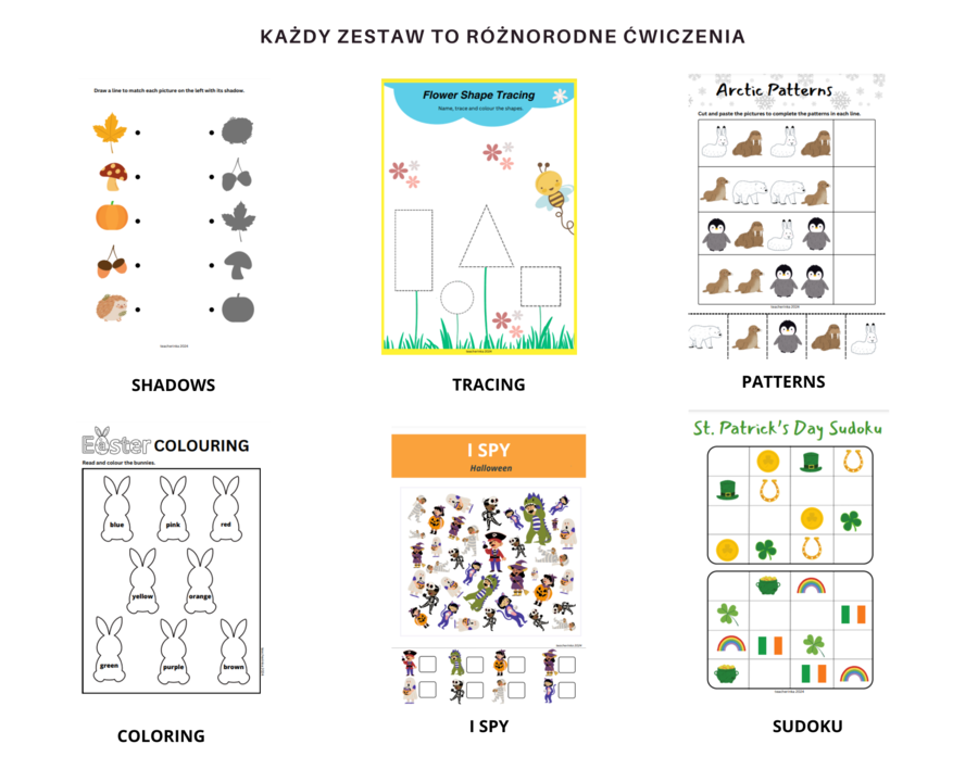 Mega Pakiet Kart Pracy dla Przedszkolaka – Sezonowe i Tematyczne Aktywności Edukacyjne, język angielski, 14 zestawów, 4 pory roku, christmas, easter, australia, artic animals, saint patick, valentines day, sports day,