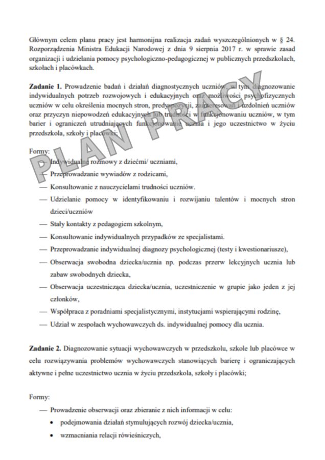 Plan pracy psychologa, przykładowe wpisy do dziennika, wzorcowe sprawozdanie