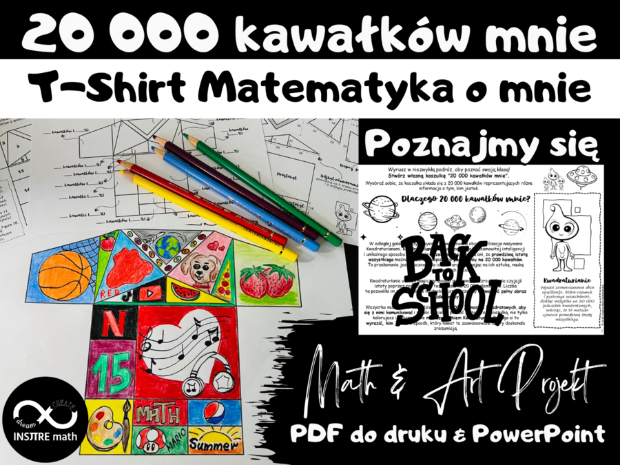 Poznajmy się: T-Shirt Matematyka o mnie. Stwórz własną koszulkę „20 000 kawałków mnie”. Math & Art Projekt na początek roku.