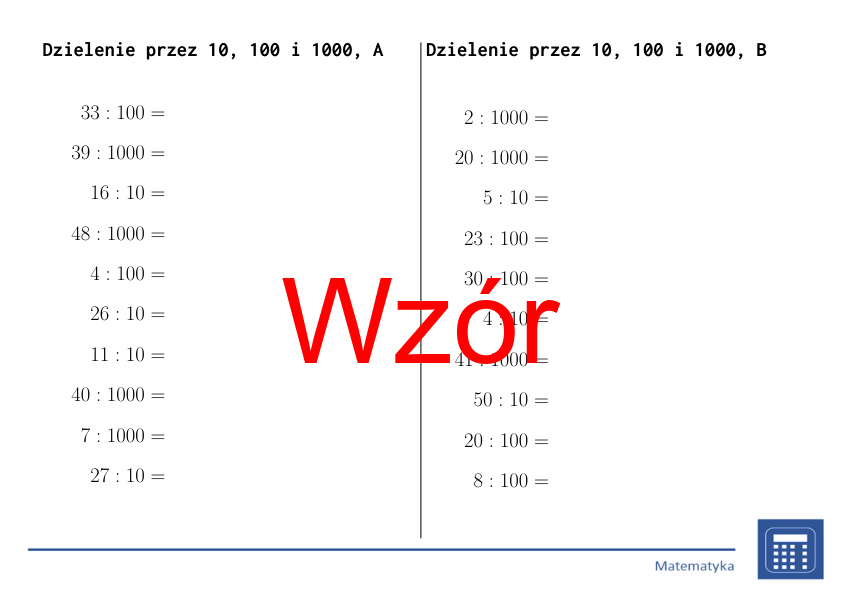 Dzielenie przez 10, 100 i 1000 | matematyka | 26 kolumn