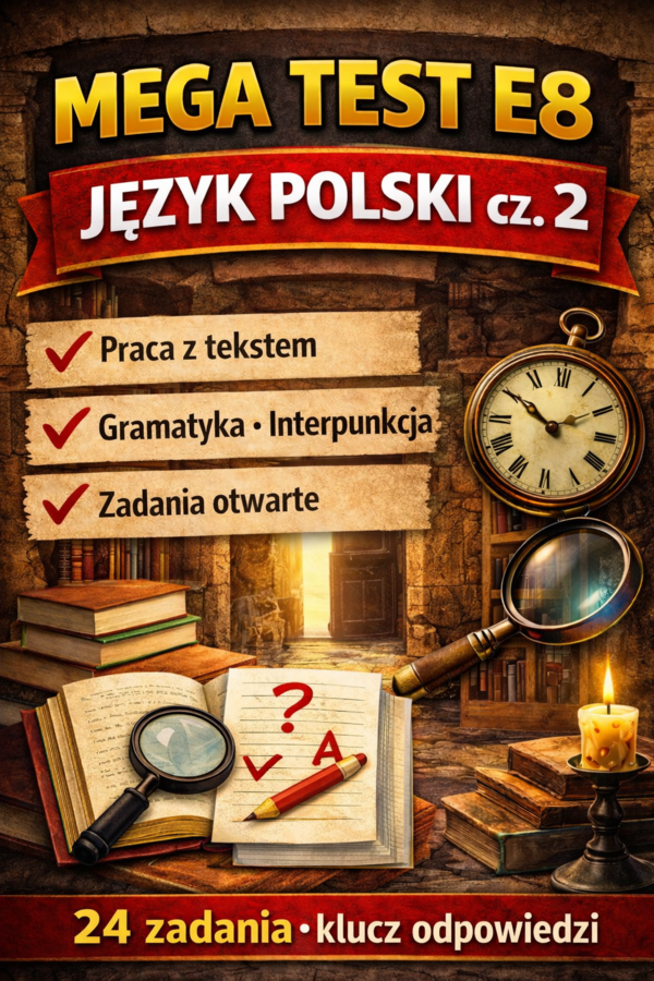 Mega test E8 – powtórka przed E8 - język polski cz. 2 (24 zadania + klucz odpowiedzi)