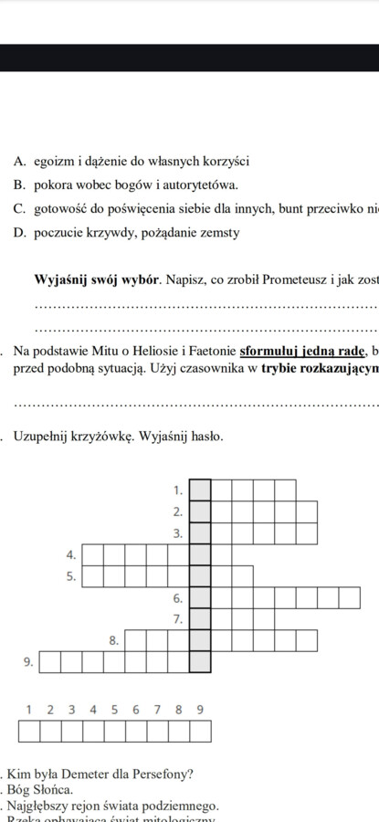 Sprawdzian z mitologii dla klasy 5