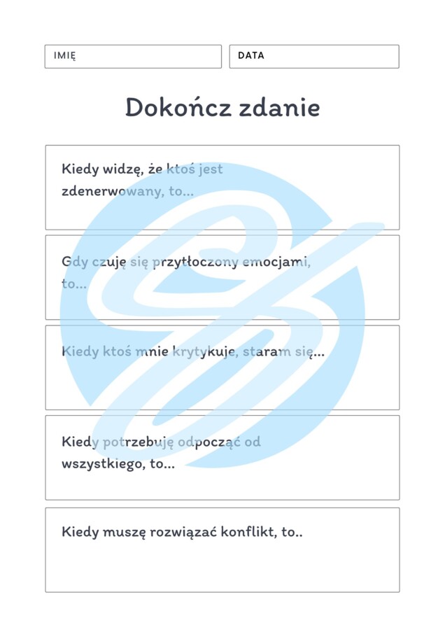 TUS Karty Niedokończonych Zdań Szkoła Ponadpodstawowa Kreatywny materiał edukacyjny do pracy nad umiejętnościami społecznymi