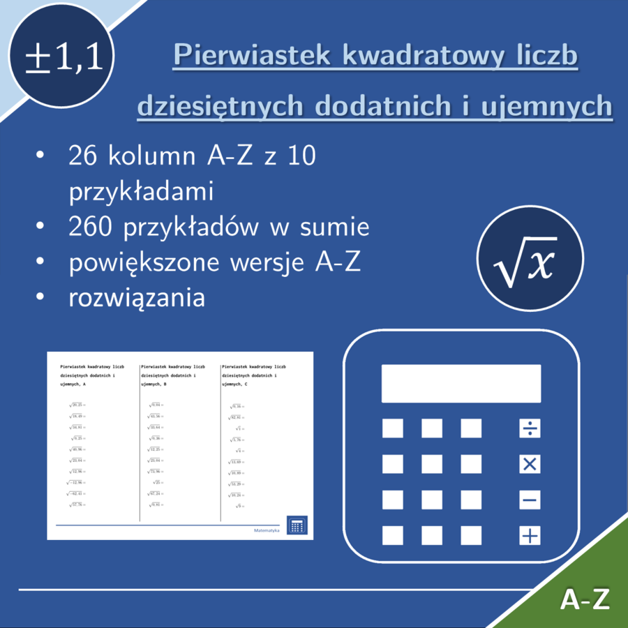 Pierwiastek kwadratowy liczb dziesiętnych dodatnich i ujemnych | matematyka | 26 kolumn