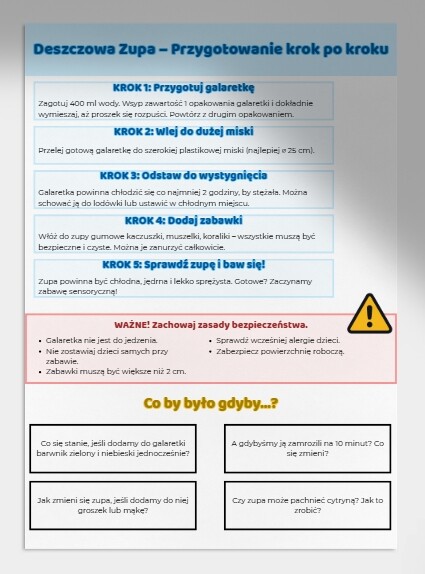 Zabawy sensoryczne: błękitna galaretka jako „deszczowa zupa”, ryż jako „deszcz”