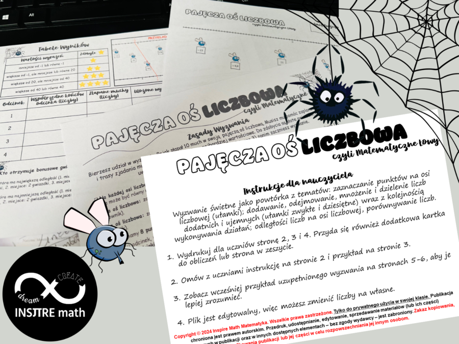 Matematyczne wyzwanie Pajęcza oś liczbowa, czyli Matematyczne Łowy: oś liczbowa, dodawanie, odejmowanie, mnożenie i dzielenie liczb dodatnich i ujemnych (ułamki zwykłe i dziesiętne). Halloween