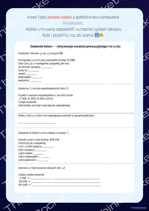 Liczby wielocyfrowe, system dziesiętny | Matematyka klasy 1-4 | 5 dni teorii i zadań w fabule kosmicznej misji ThinkRocket
