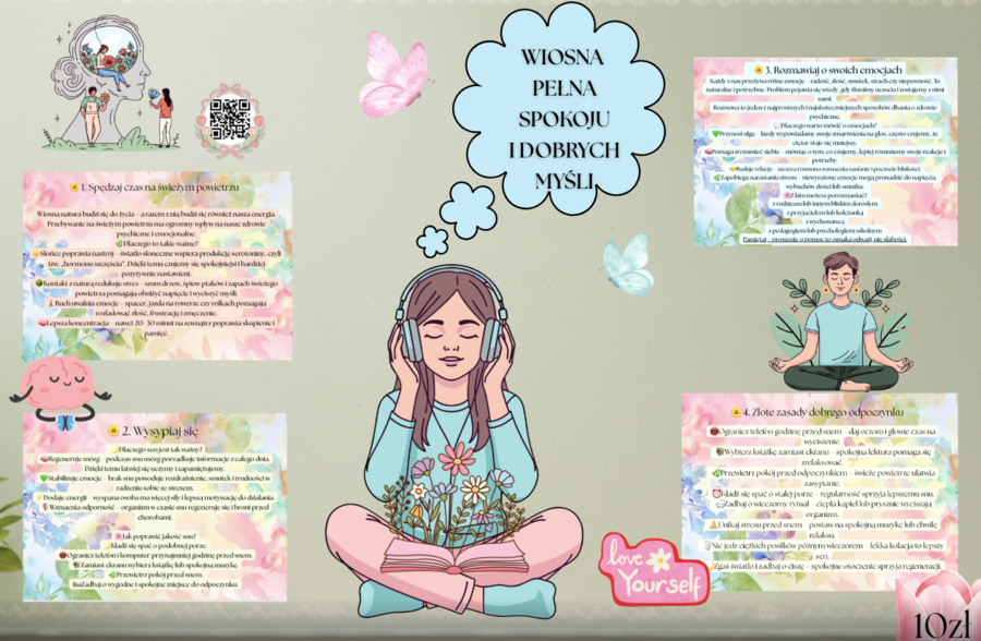 Mega paka 3 w 1:  ' Wiosna pełna spokoju i dobrych myśli'- gazetka, kod QR do filmiku+ quiz z odpowiedziami