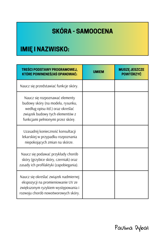 Karta samooceny ucznia klasy 7 - biologia - podstawa programowa
