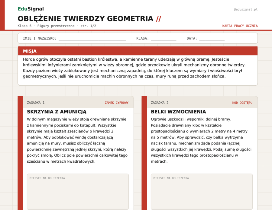 Escape room MATEMATYKA: Oblężenie Twierdzy | Figury przestrzenne klasa 6 | Koniec roku
