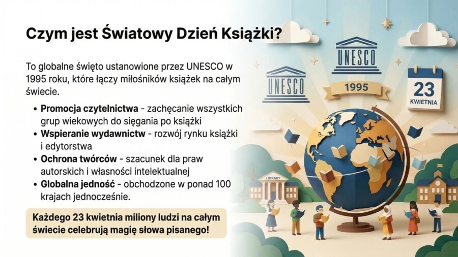 Światowy Dzień Książki i Praw Autorskich – czytanie, twórczość i szacunek do autorów (gazetka szkolna / prezentacja)
