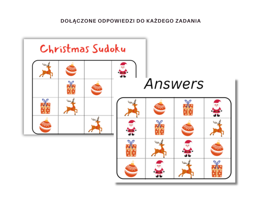 Christmas for Preschoolers Worksheet Set - Karta pracy dla przedszkolaków i uczniów zerówki do rozwijania umijętności słownictwa i logicznego myślenia, Święta Bożego Narodzenia, słownictwo, sudoku, gra I Spy, liczenie do 10, wzory, what comes next, dodat