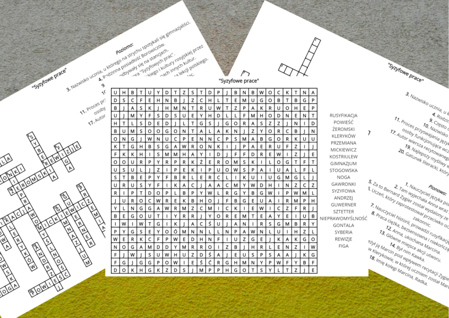 "SYZYFOWE PRACE" – krzyżówka, wykreślanka – lektury obowiązkowe kl.7-8