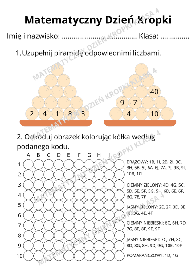 Karta pracy dla klasy 4 na Dzień Kropki