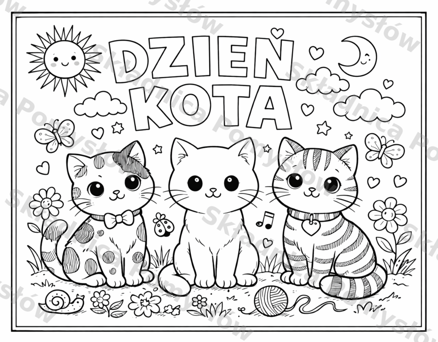 DZIEŃ KOTA - plakat - kolorowanka XXL do druku - 6 kart A4 + miniatura