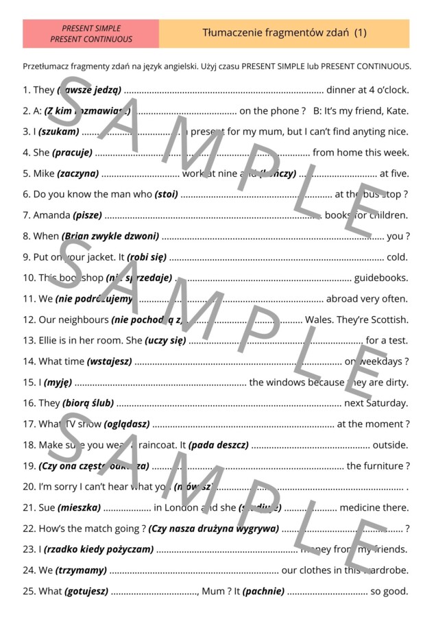 PRESENT SIMPLE vs. PRESENT CONTINUOUS - Tłumaczenie fragmentów zdań