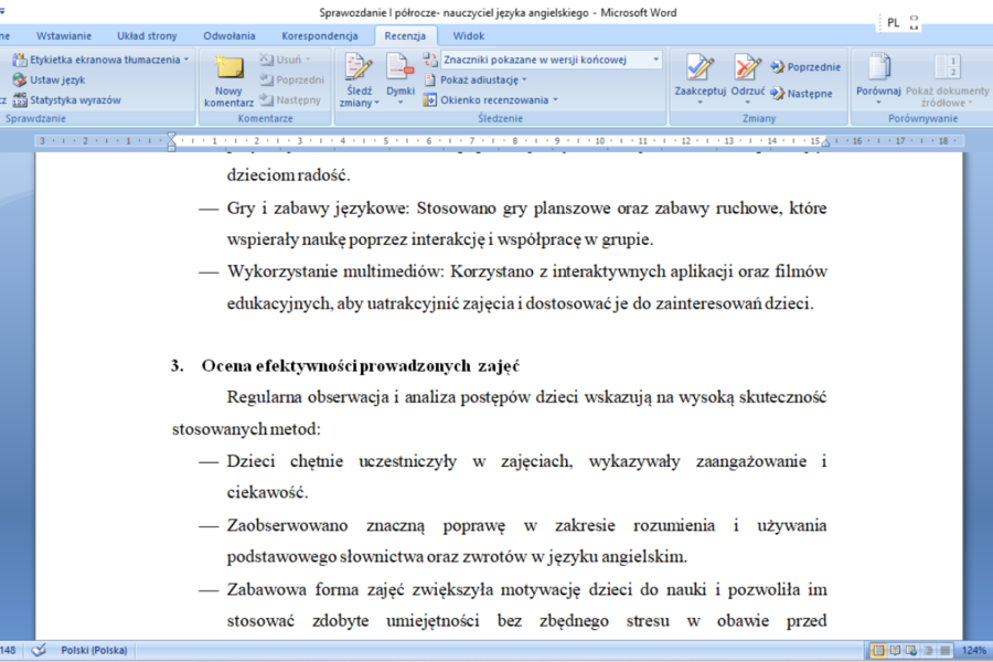 Sprawozdanie nauczyciela języka angielskiego za I półrocze pracy w przedszkolu