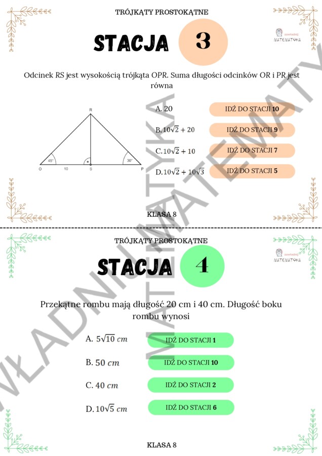 STACJE ZADANIOWE - TRÓJKĄTY PROSTOKĄTNE